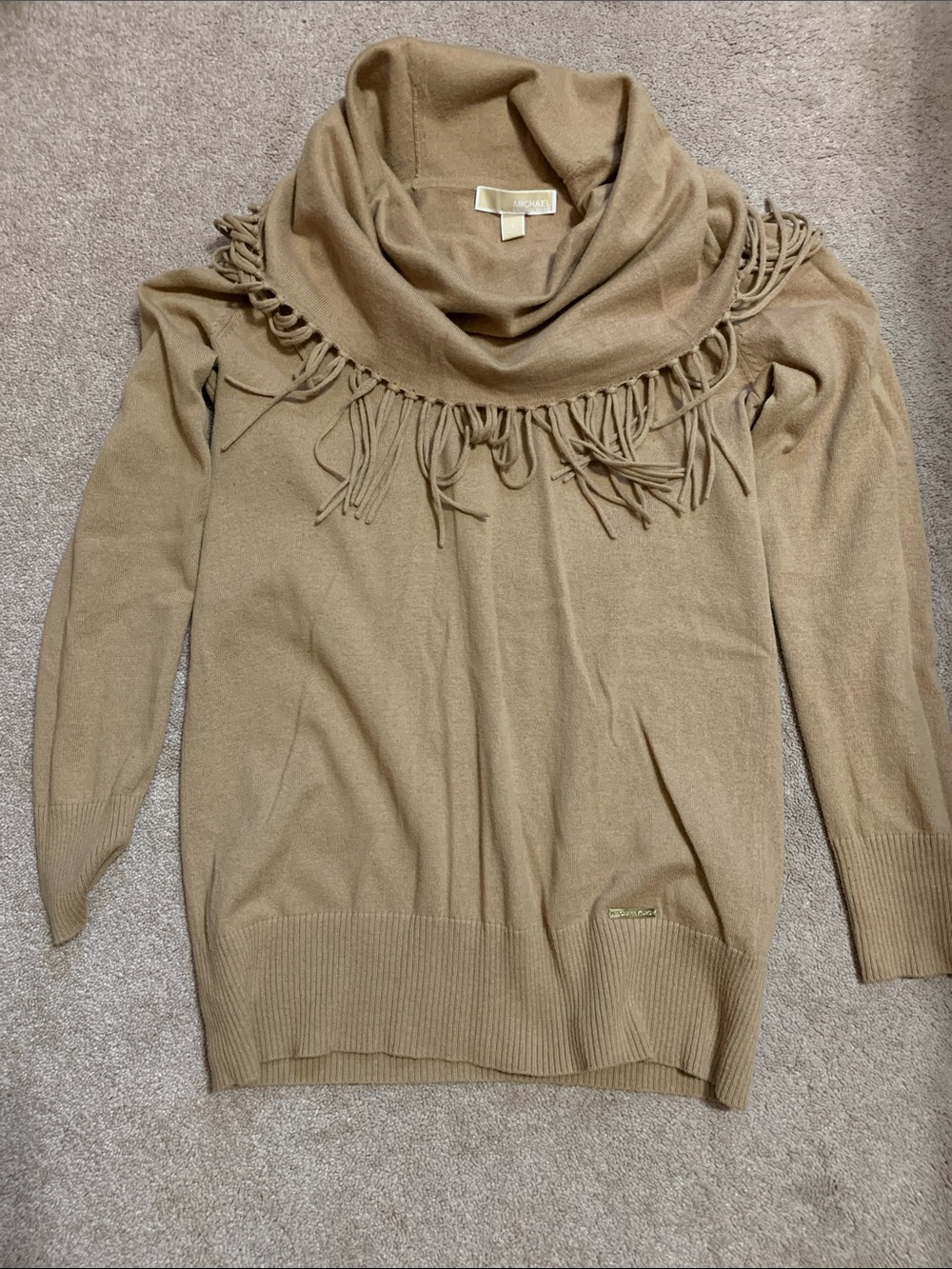 Michael Kors Camel Fringe Cowl-Neck Sweater